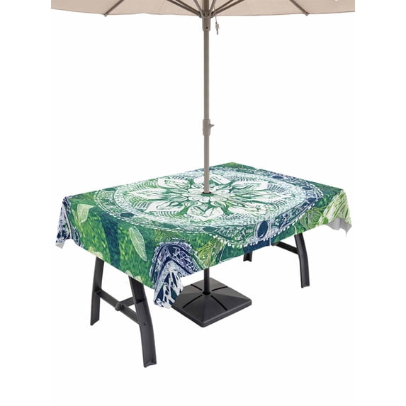 52x70 Inch Outdoor Tablecloth with Umbrella Hole Zipper Rectangle Teal Retro Floral Rectangular Tablecloths Outside Waterproof Vintage Geometric Flower Abstract Patio Table Cover for Picnic Party
