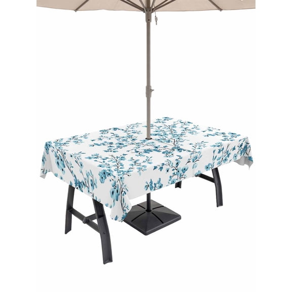 52x70 Inch Outdoor Tablecloth with Umbrella Hole Zipper Rectangle Teal Spring Floral Rectangular Tablecloths Outside Waterproof Elegant Pastoral Flowers Patio Table Cloth Cover for Picnic Party