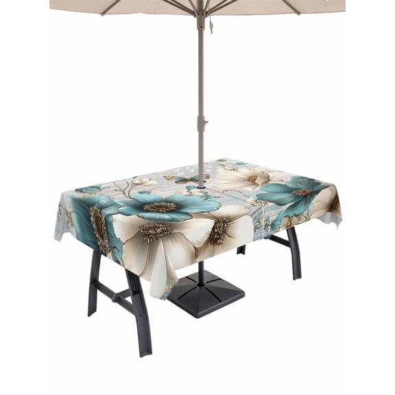 52x70 Inch Outdoor Tablecloth with Umbrella Hole Zipper Rectangle Teal Tulip Butterfly Rectangular Tablecloths Outside Waterproof Beige Turquoise Floral Farmhouse Blue Patio Table Cover for Picnic