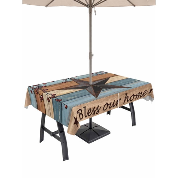 52x70 Inch Outdoor Tablecloth with Umbrella Hole Zipper Rectangle Texas Star Vintage Rectangular Tablecloths Outside Waterproof Berry Navy Blue Brown Wooden Patio Table Cloth Cover for Picnic Party