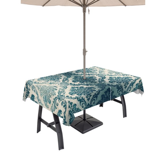 52x70 Inch Outdoor Tablecloth with Umbrella Hole Zipper Rectangle Turquoise Boho Rectangular Tablecloths Outside Waterproof Teal Ombre Floral Ethic Tribe Patio Table Cloth Cover for Picnic Party