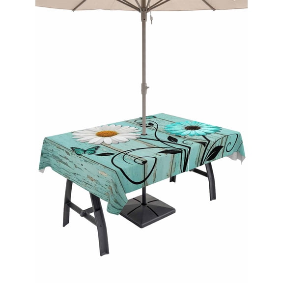 52x70 Inch Outdoor Tablecloth with Umbrella Hole Zipper Rectangle Turquoise Daisy Farmhouse Rectangular Tablecloths Outside Waterproof Country Teal Floral Patio Table Cloth Cover for Picnic Party