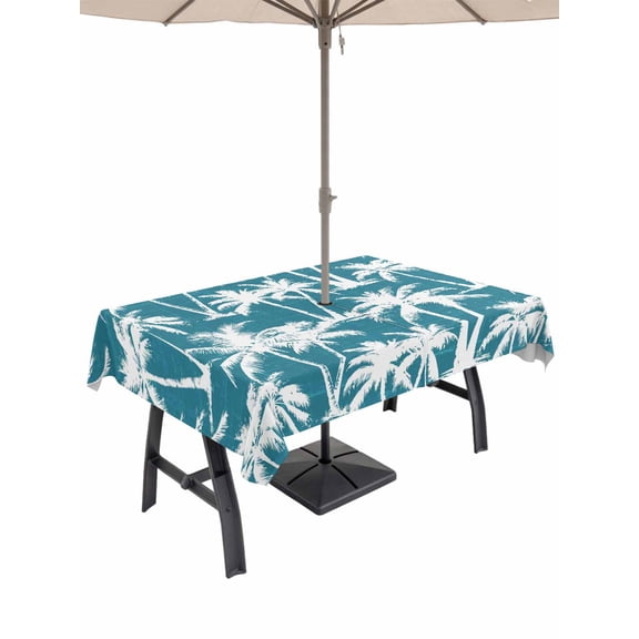 52x70 Inch Outdoor Tablecloth with Umbrella Hole Zipper Rectangle Turquoise Palm Tree Summer Rectangular Tablecloths Outside Waterproof Beach Tropical Coastal Patio Table Cloth Cover for Picnic Party