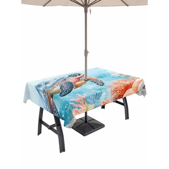 52x70 Inch Outdoor Tablecloth with Umbrella Hole Zipper Rectangle Turtle Rectangular Tablecloths Outside Waterproof Coastal Blue Ocean Sea Coral Starfish Shell Patio Table Cover for Picnic Party