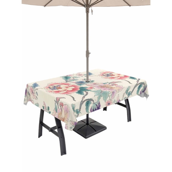 52x70 Inch Outdoor Tablecloth with Umbrella Hole Zipper Rectangle Vintage Floral Rectangular Tablecloths Outside Waterproof Watercolor Farmhouse Botanical Flowers Patio Table Cover for Picnic Party