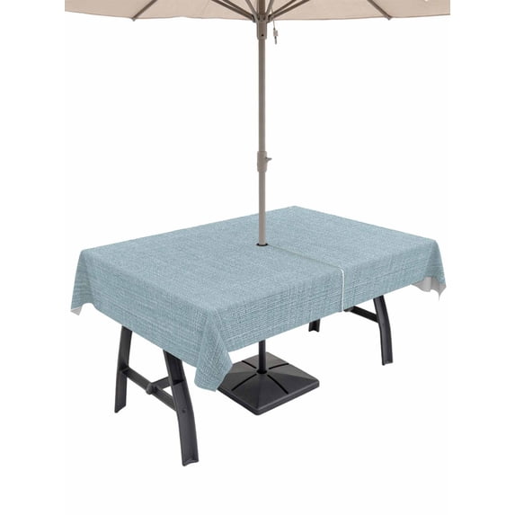 52x70 Inch Outdoor Tablecloth with Umbrella Hole Zipper Rectangle Vintage Haze Blue Rectangular Tablecloths Outside Waterproof Farmhouse Retro Solid Color Linen Texture Patio Table Cover for Picnic