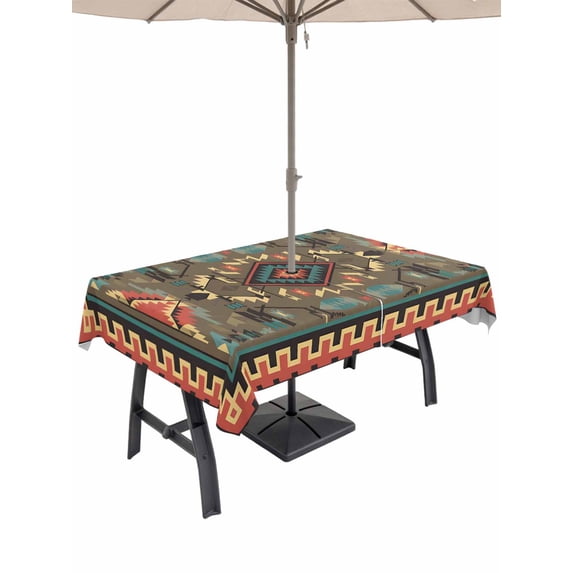 52x70 Inch Outdoor Tablecloth with Umbrella Hole Zipper Rectangle Vintage Southwest Rectangular Tablecloths Outside Waterproof Ethnic Modern Geometric Patio Table Cloth Cover for Picnic Party