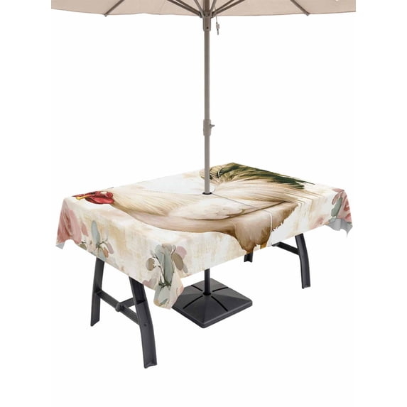 52x70 Inch Outdoor Tablecloth with Umbrella Hole Zipper Rectangle White Vintage Rooster Rectangular Tablecloths Outside Waterproof Eucalyptus Leaves Spring Flower Patio Table Cover for Picnic Party