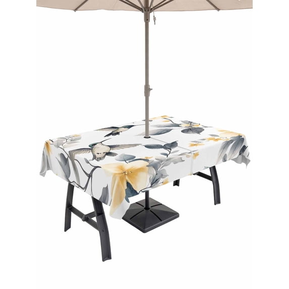52x70 Inch Outdoor Tablecloth with Umbrella Hole Zipper Rectangle Yellow Grey Spring Floral Rectangular Tablecloths Outside Waterproof Birds Summer Botanical Patio Table Cloth Cover for Picnic Party