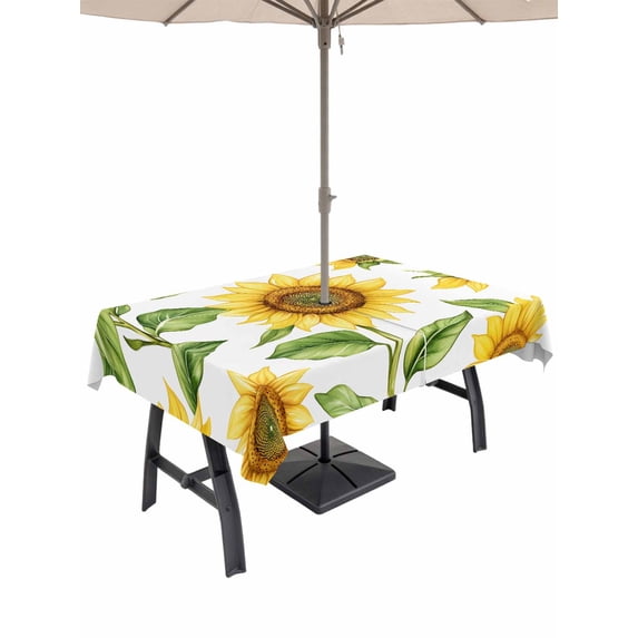 52x70 Inch Outdoor Tablecloth with Umbrella Hole Zipper Rectangle Yellow Sunflowers Rectangular Tablecloths Outside Waterproof Summer Spring Country Flowers Patio Table Cloth Cover for Picnic Party