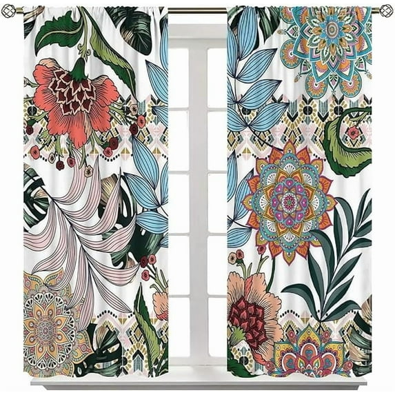 52x84 inch Boho Floral Curtains Rustic Bohemian Flower Colorful Mandala Plants Spring Window Drapes Treatment Fabric Decor(2 Pcs)