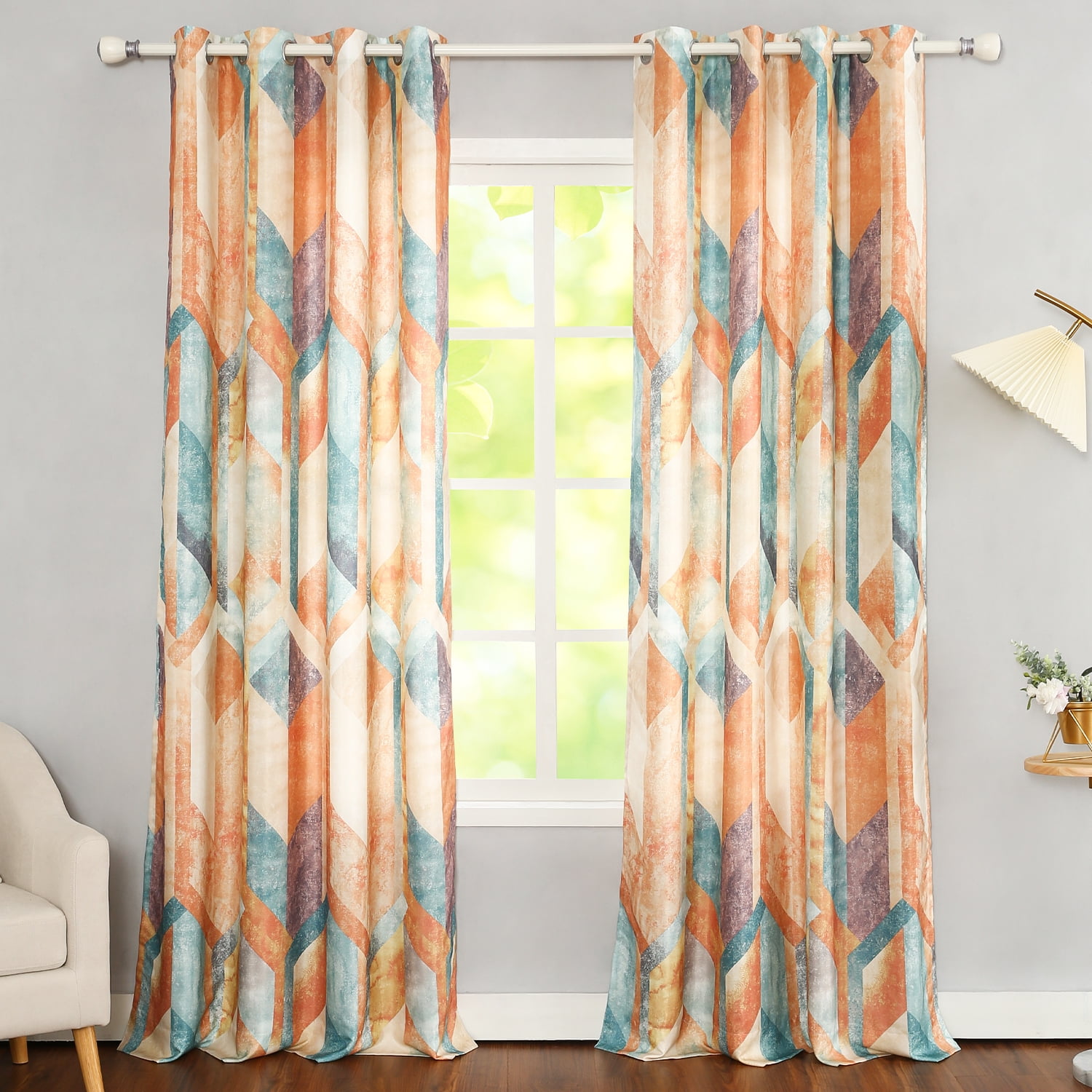 VOGOL 52x84inch Orange Curtains, Room Darkening Drapes for Bedroom, Linen Textured Geometric Pattern, Grommet