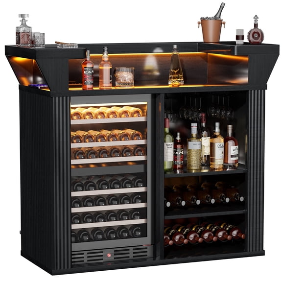 53.1 Inch Freestanding Home Bar Cabinet with RGB LED Lights, Built-In Power Outlet, Wine Cooler Space & Wine Storage, Black Mini Beverage Bar for Living Room Basement