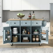 53.1 Kitchen Island Cart with Large Tabletop and Locking Wheels, Kitchen Trolley Cart with 4 Doors Cabinet & 2 Storage Drawers, Spice Rack & Towel Rack, Rolling Kitchen Island Cart, Grey Blue