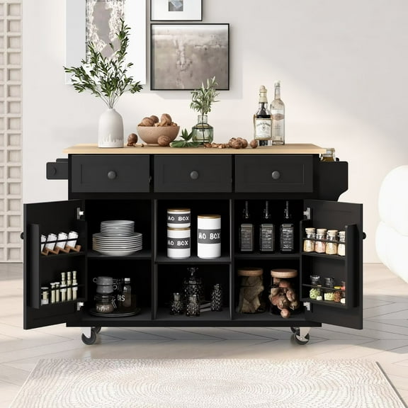 53.1" Kitchen Island Cart with Large Tabletop and Locking Wheels, Kitchen Trolley Cart with 4 Doors Cabinet & 2 Storage Drawers, Spice Rack & Towel Rack, Rolling Kitchen Island Cart, Black