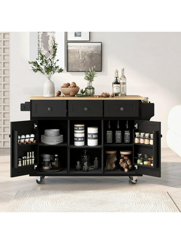 53.1" Kitchen Trolley Cart with 2 Doors & 3 Drawers & Adjustable Shelves, Kitchen Island Cart with Drop-leaf Tabletop and Locking Wheels, Rolling Kitchen Island with Spice Rack and Towel Rack, Black