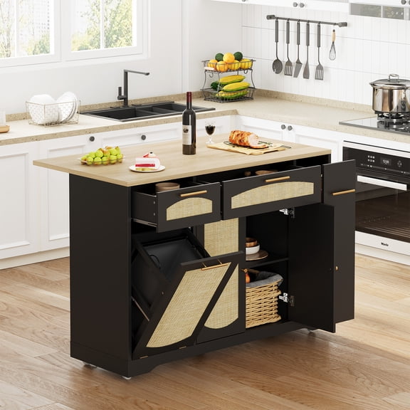 53.1" Rattan Kitchen Island with Storage, Rolling Dining Cart with Trash Storage Cabinet, Mobile Island Cart with Drop Leaf, Adjustable Shelves, Drawer, 5 Wheels