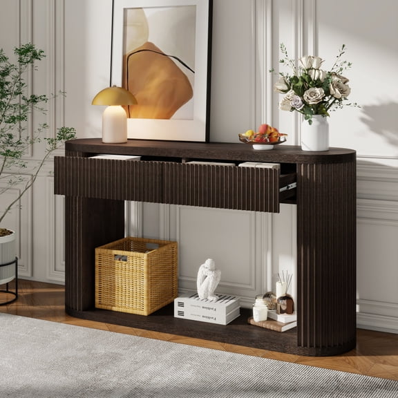 531430 Inch Espresso Fluted Oval Console Table Rubber Wood Frame MDF Birch & Ash Veneer 2 Drawers with Metal Slides Bottom Open Shelf 220 Lbs Load Capacity Entryway Sofa Hall Table Partial Easy Ass