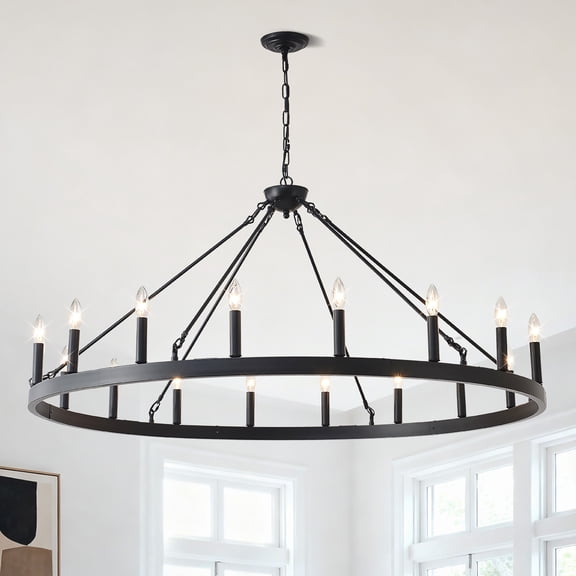 53.15-Inch Matte Black Wagon Wheel Chandelier, 18-Light, E12 Base (Bulbs Not Included)
