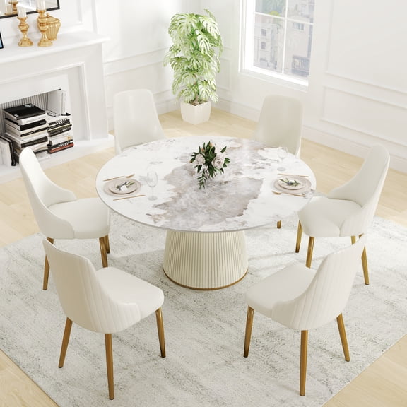 53.15" Modern Round Counter Height Table For 2-4 People,Pandora Glossy Small Round Dining Table For Kitchen Or Small Spaces With Bronze Base,Counter Height Bar Table For Families,No Chairs Included