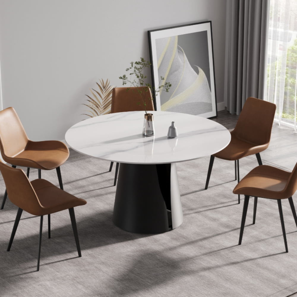 53.15” Round Black Carbon Steel Base Dining Table with Artificial Stone Top Modern 6-Seater for ...