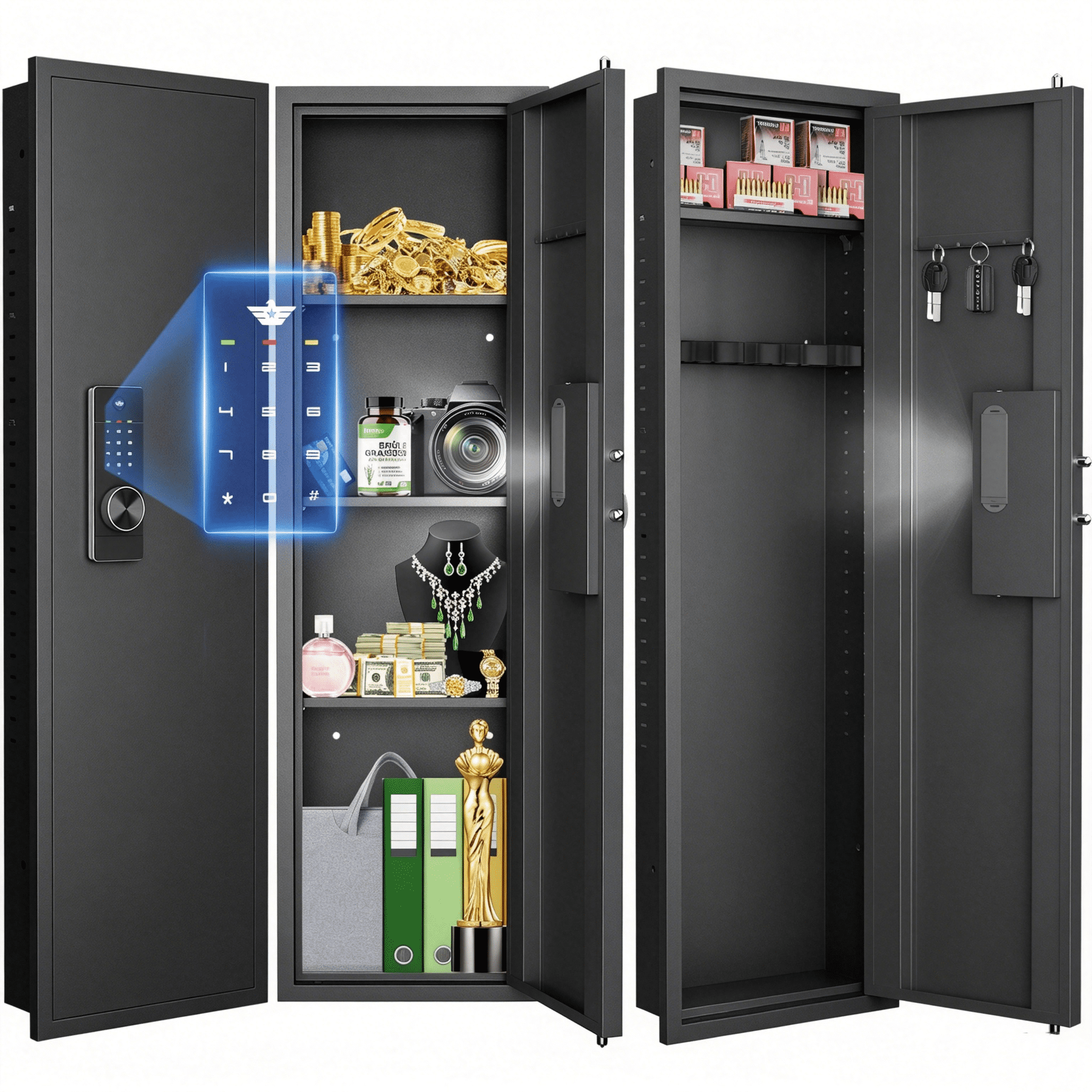 53.15" Tall Hidden Wall Safes Between the Studs 16" Centers,  Wall Safe With Removable shelfs and Adjustable Gun Rack, Digital Keypad Wall Gun Safe for Home Rifle, Cash, Jewelry, Documents - Black
