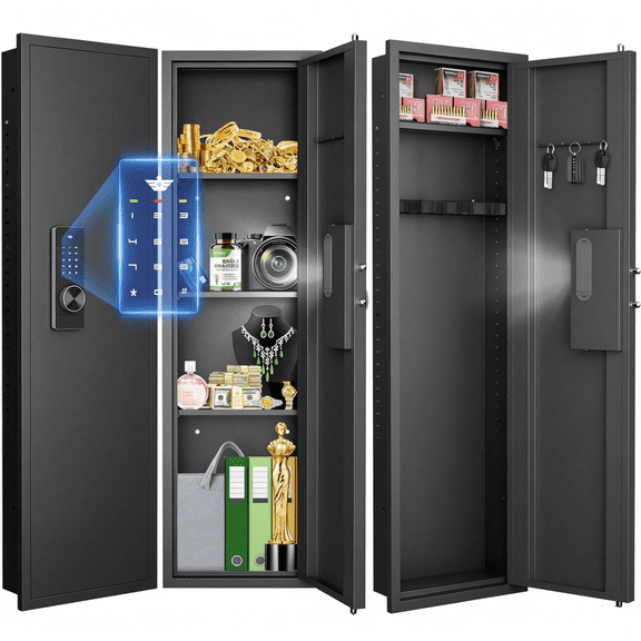 53.15" Tall Hidden Wall Safes Between the Studs 16" Centers, Wall Safe With Removable shelfs and Adjustable Gun Rack, Digital Keypad Wall Gun Safe for Home Rifle, Cash, Jewelry, Documents - Black