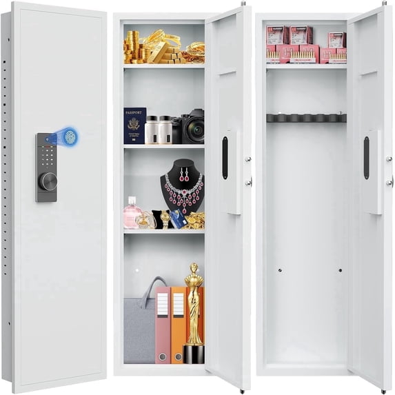 53.15" Tall Wall Safe Between the Studs 16" Centers, Hidden Wall Safes With Removable shelfs and Adjustable Gun Rack, Biometric Wall Gun Safe for Home Cash, Jewelry, Documents - White