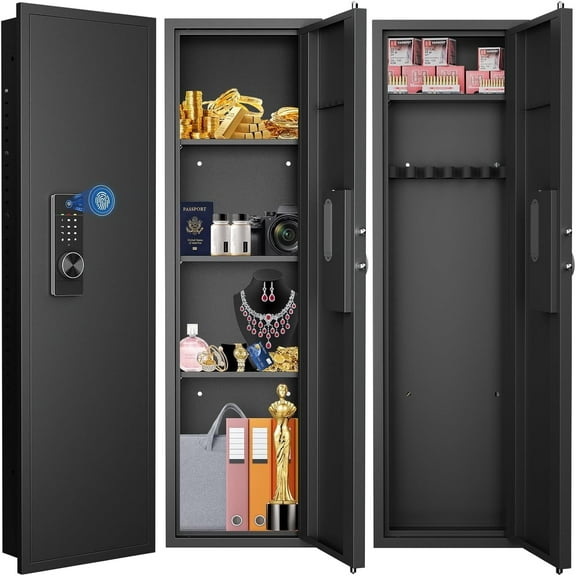 53.15" Tall Wall Safe Between the Studs 16" Centers, Hidden Wall Safes With Removable shelfs and Adjustable Gun Rack, Biometric Wall Gun Safe for Home Rifle, Cash, Jewelry, Documents - Black