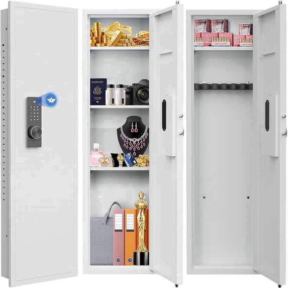 53.15" Tall Wall Safe Between the Studs 16" Centers, Hidden Wall Safes With Removable shelfs and Adjustable Gun Rack, Digital Keypad Wall Gun Safe for Home Cash, Jewelry, Documents - White