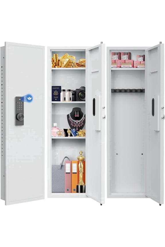 53.15" Tall Wall Safe Between the Studs 16" Centers, Hidden Wall Safes With Removable shelfs and Adjustable Gun Rack, Digital Keypad Wall Gun Safe for Home Cash, Jewelry, Documents - White