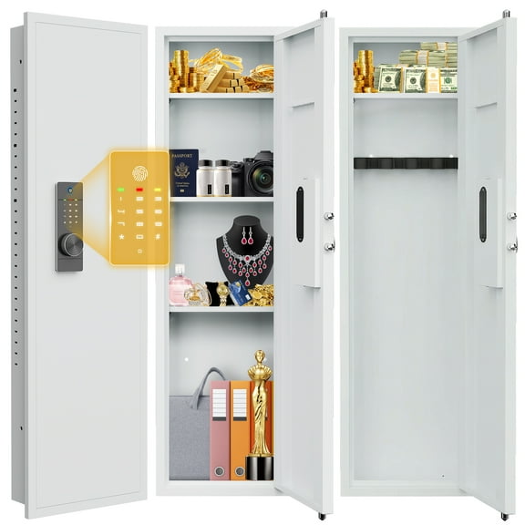 53.15" In Wall Gun Safe, Wall Safe Between the Studs, Biometric Hidden Gun Safes for Pistols, Gun Cabinets for Shotguns with Gun Rack and Adjustable Shelves(White-Fingerprint)