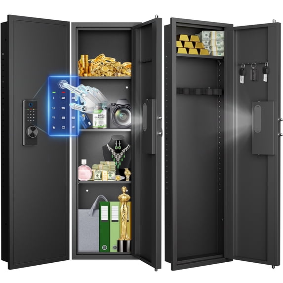 53.15" Wall Gun Cabinet, Biometric Fingerprint Hidden Gun Safe With Dual Alarm System And Silent Mode, Gun Safes 3 Adjustable Shelves, Magnetic Slot And Key Hook