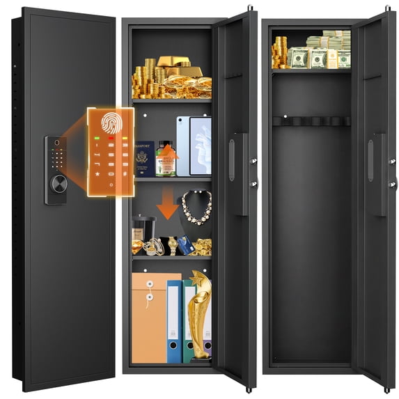 53.15" Wall Safe Between the Studs, Biometric Fingerprint Hidden Safe with Dual Alarm System and Silent Mode, Wall Gun Safe with 3 Adjustable Shelves and Magnetic Slot (Black-Fingerpirnt)