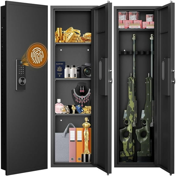 53.15" Wall Safe Between the Studs, Biometric Fingerprint Hidden Safe with Dual Alarm System and Silent Mode, Wall Gun Safe with 3 Adjustable Shelves and Magnetic Slot (Black-Fingerpirnt)