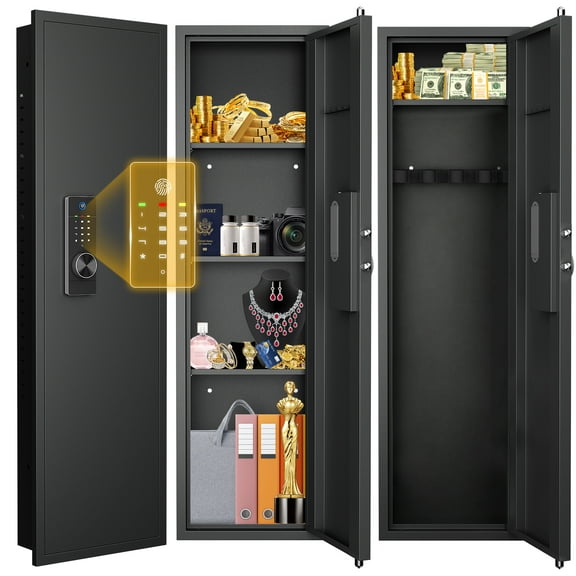 53.15" Wall Safe Between the Studs, Biometric Fingerprint Hidden Safe with Dual Alarm System and Silent Mode, Wall Gun Safe with 3 Adjustable Shelves and Magnetic Slot (Black-Fingerprint)