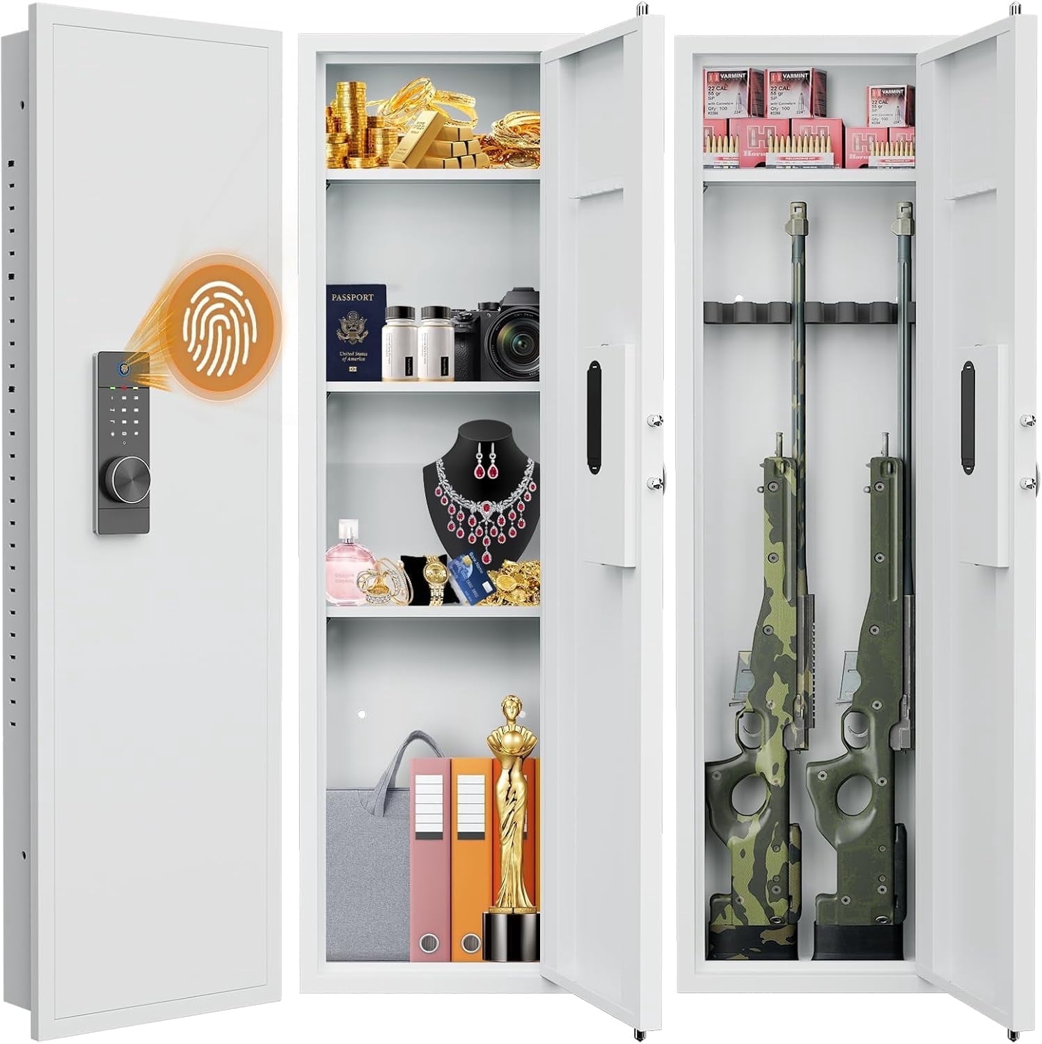 53.15" Wall Safe Between the Studs, Biometric Fingerprint Hidden Safe with Dual Alarm System and Silent Mode, Wall Gun Safe with 3 Adjustable Shelves and Magnetic Slot (White-Fingerprint)