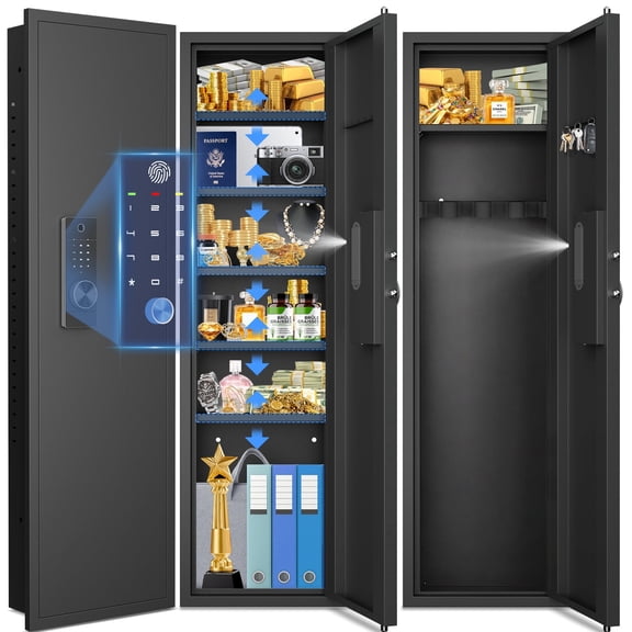 53.15" Wall Safe with 5 Adjustable Shelves and Magnetic Slot, Fingerprint Hidden Shotgun Storage Safe with Dual Alarm System and Silent Mode