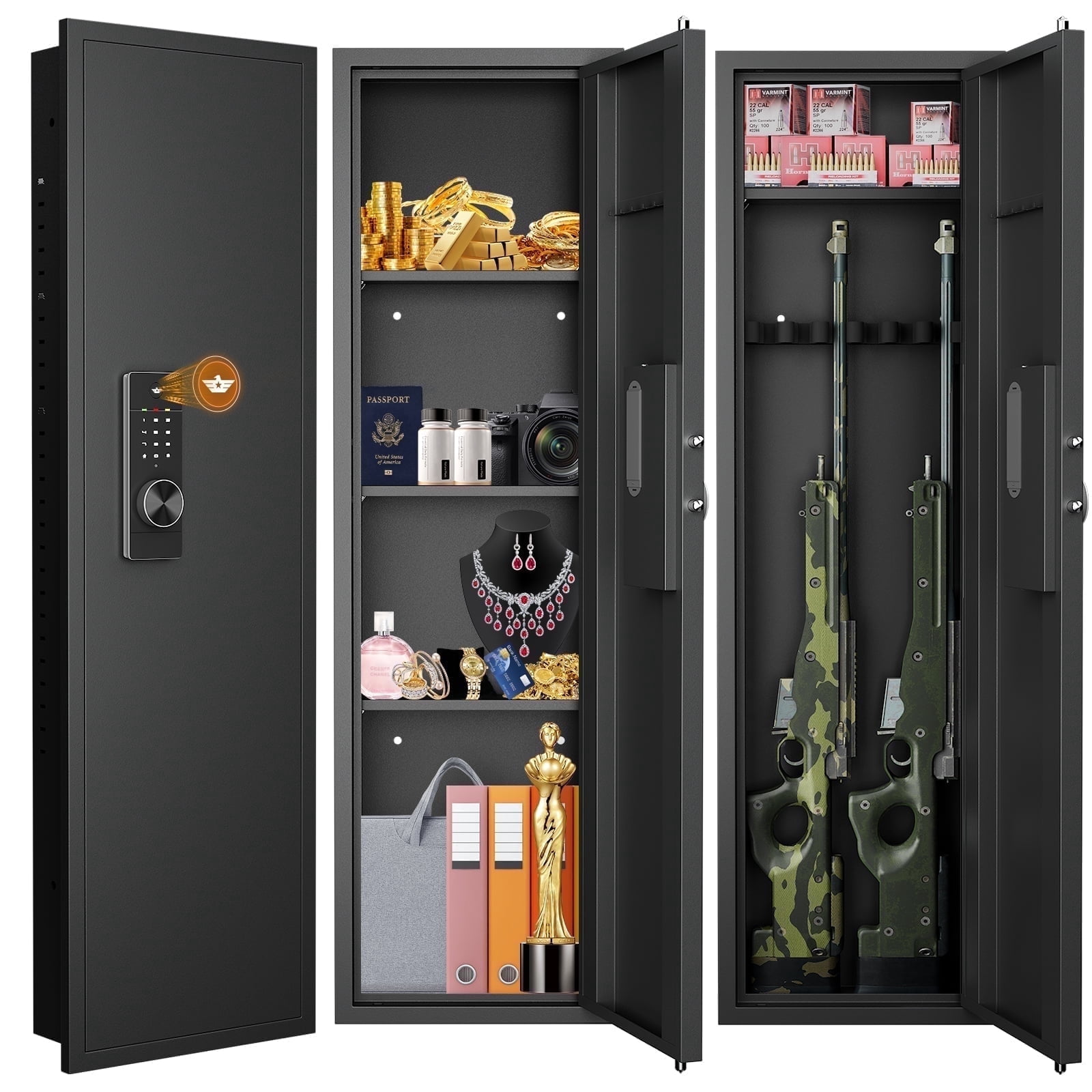 53.15" Wall Safe Between the Studs, Hidden Gun Safe with Dual Alarm System and Silent Mode, Wall Gun Safe with 3 Adjustable Shelves, Magnetic Slot and Key Hook