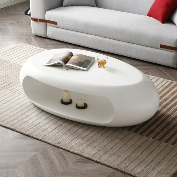 53.15inch Circle Coffee Table, Fiberglass Top Table with Wear-resistant Coating and Sturdy Construction, Modern Coffee Table for Guest Rooms, Living Rooms, Kitchens, Lounges, Matt White