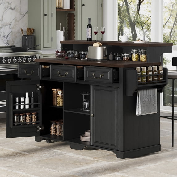 MEETFAV 53.2" Farmhouse Two-Tier Kitchen Island with Storage, Power Outlet, Adjustable Shelves, Rolling Island Table for Kitchen, Ash Black