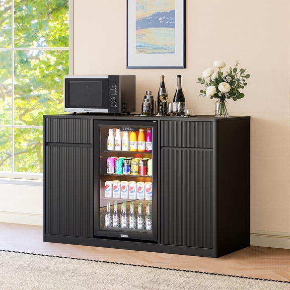 53.2" Fluted Buffet Sideboard Cabinet with Wine Storage, Mini Fridge Nook (Fridge Not Included), Charging Station & Adjustable Shelves for Kitchen/Living Room,Black