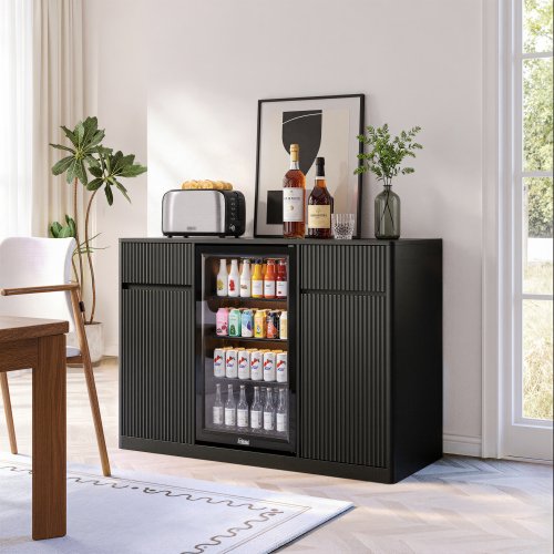 53.2 Inch Fluted Textured Buffet Wine Storage Cabinet, Mini Fridge Nook (Fridge Not Included), Charging Station & Adjustable Shelves, Multi-Purpose Sideboard Storage for Kitchen Dining Living Room