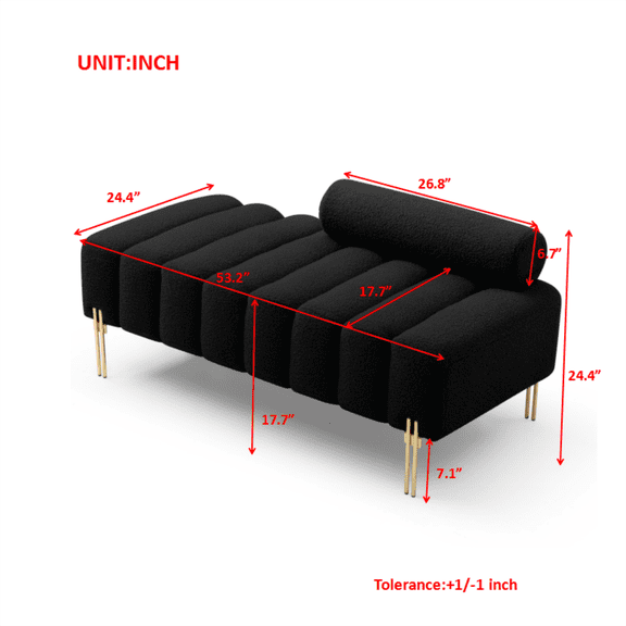 53.2" Modern Sherpa Upholstered Bench, 2-Seater Sofa Ottoman with Gold Metal Legs, Fuzzy Entryway & Window Seat for Bedroom & Living Room Black