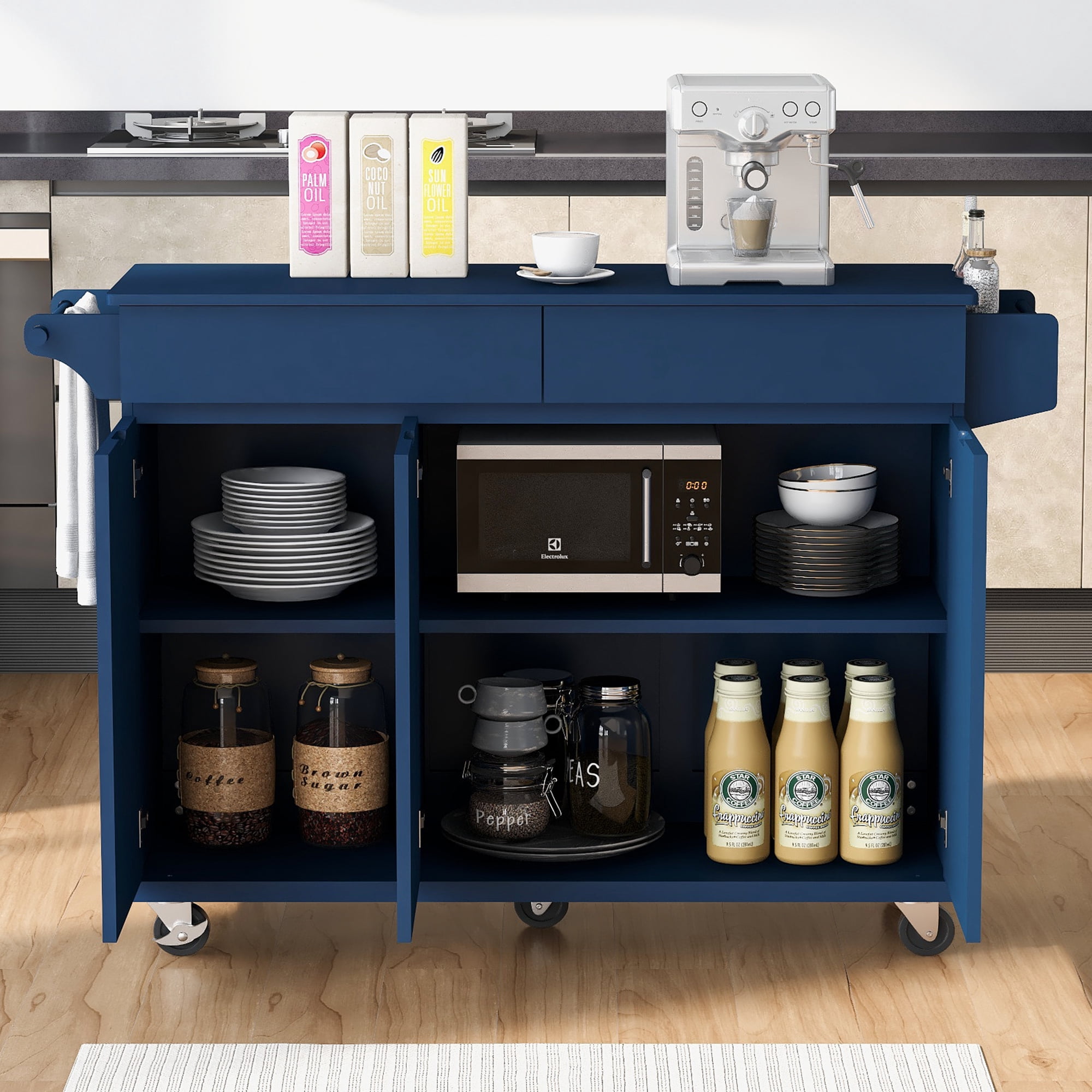 Mavy Rack 53.2'' Navy Blue Kitchen Island with Drop Leaf, Storage Cart with Spice ...