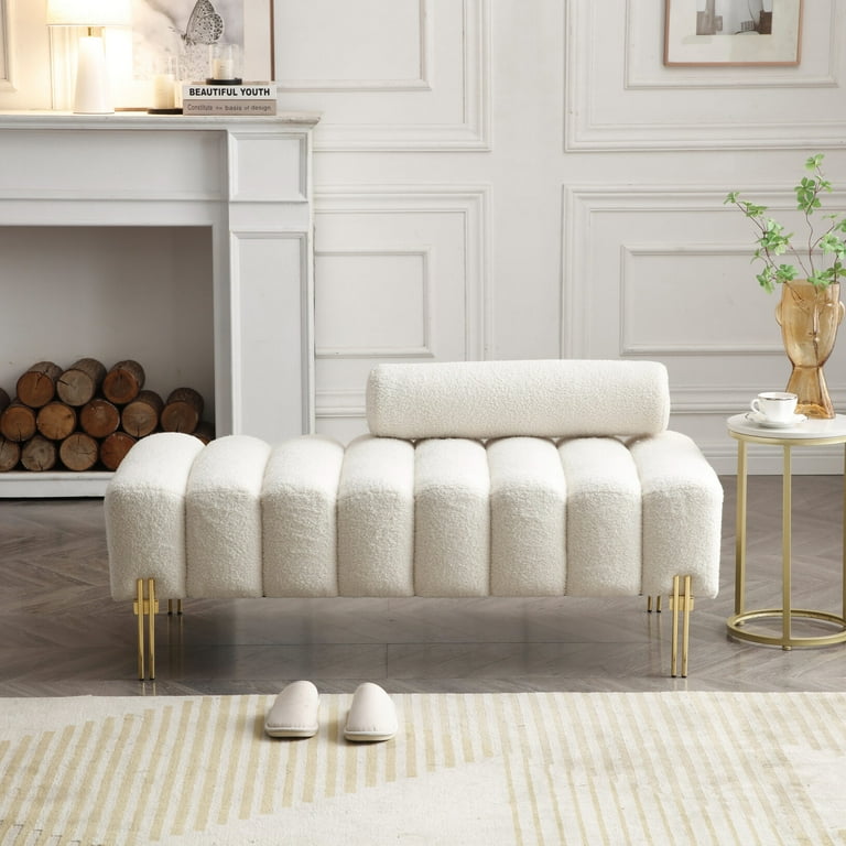 53.2 Sherpa Upholstered Ottoman Bench Modern Accent End of Bed Bench with Headrest and Gold Metal Legs Elegant 2 Seat Sofa Couch Footstool for