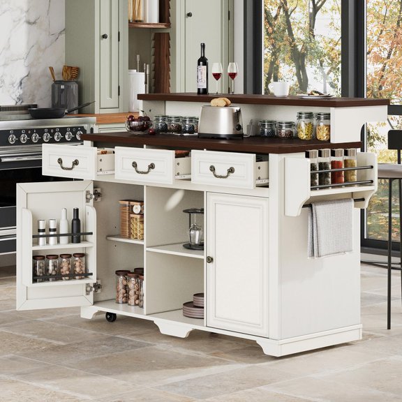 53.2" Two-Tier Kitchen Island with Storage, Farmhouse Kitchen Island with Power Outlet, 4 Door Shelves, Adjustable Shelves, 3 Drawers, Rolling Island Table, Bar Cabinet for Kitchen, Rustic White