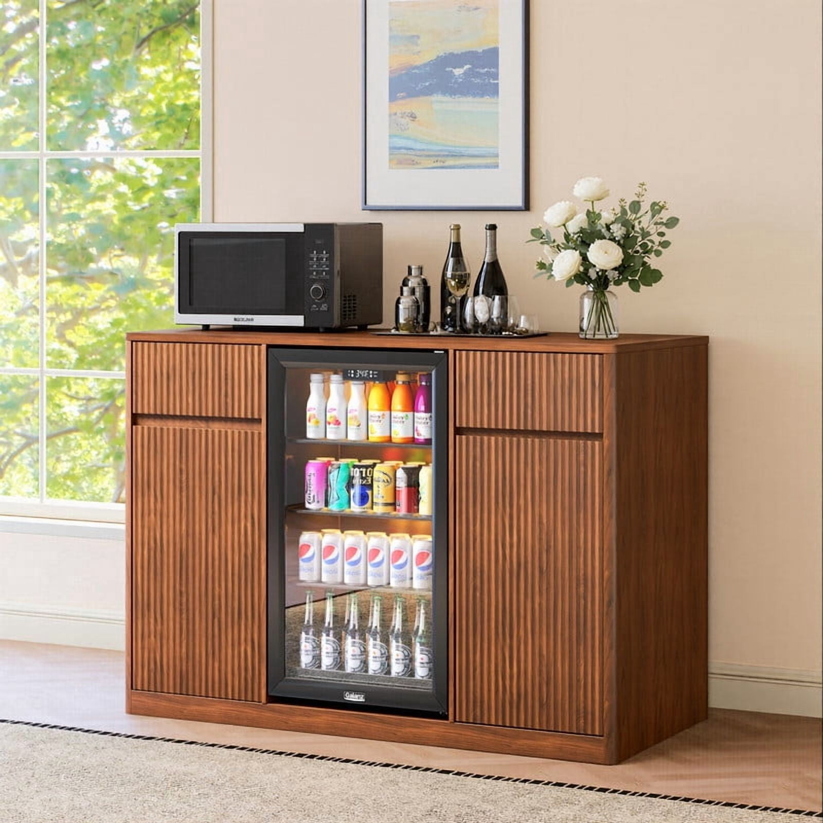 53.2"W Fluted-Door Kitchen Sideboard Buffet with Mini Fridge Nook, Freestanding Bar Wine Storage Cabinet with Charging Station
