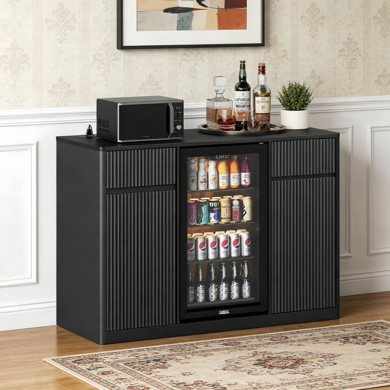 53.2"W Fluted-Door Kitchen Sideboard Buffet with Mini Fridge Nook, Freestanding Bar Wine Storage Cabinet with Charging Station