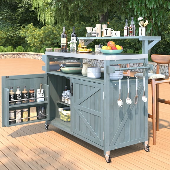 53.3" Outdoor Kitchen Island with Raised Shelf, Outdoor Bar Cart with Stainless Steel Top, Outdoor Rolling Grill Cart with Storage Rack, Adjustable Shelf, Spice Rack